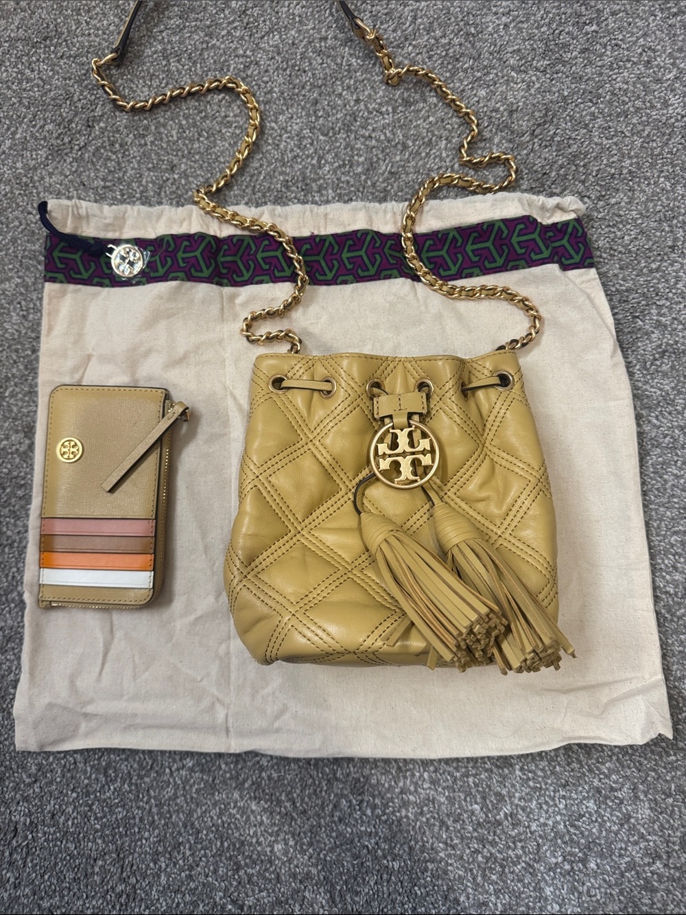 Tory Burch Quilted Tassel Drawstring Crossbody Bag in Mustard Yellow